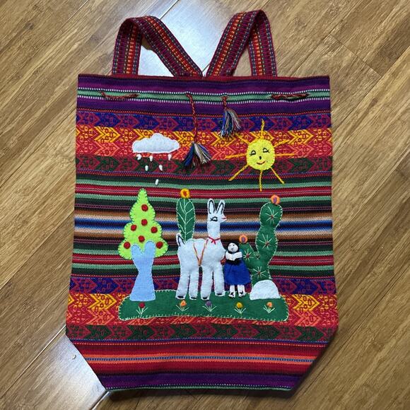 Peruvian Handwoven Tapestry Alpaca Wool Drawstring Large Colorful Backpack 16” - Picture 2 of 13
